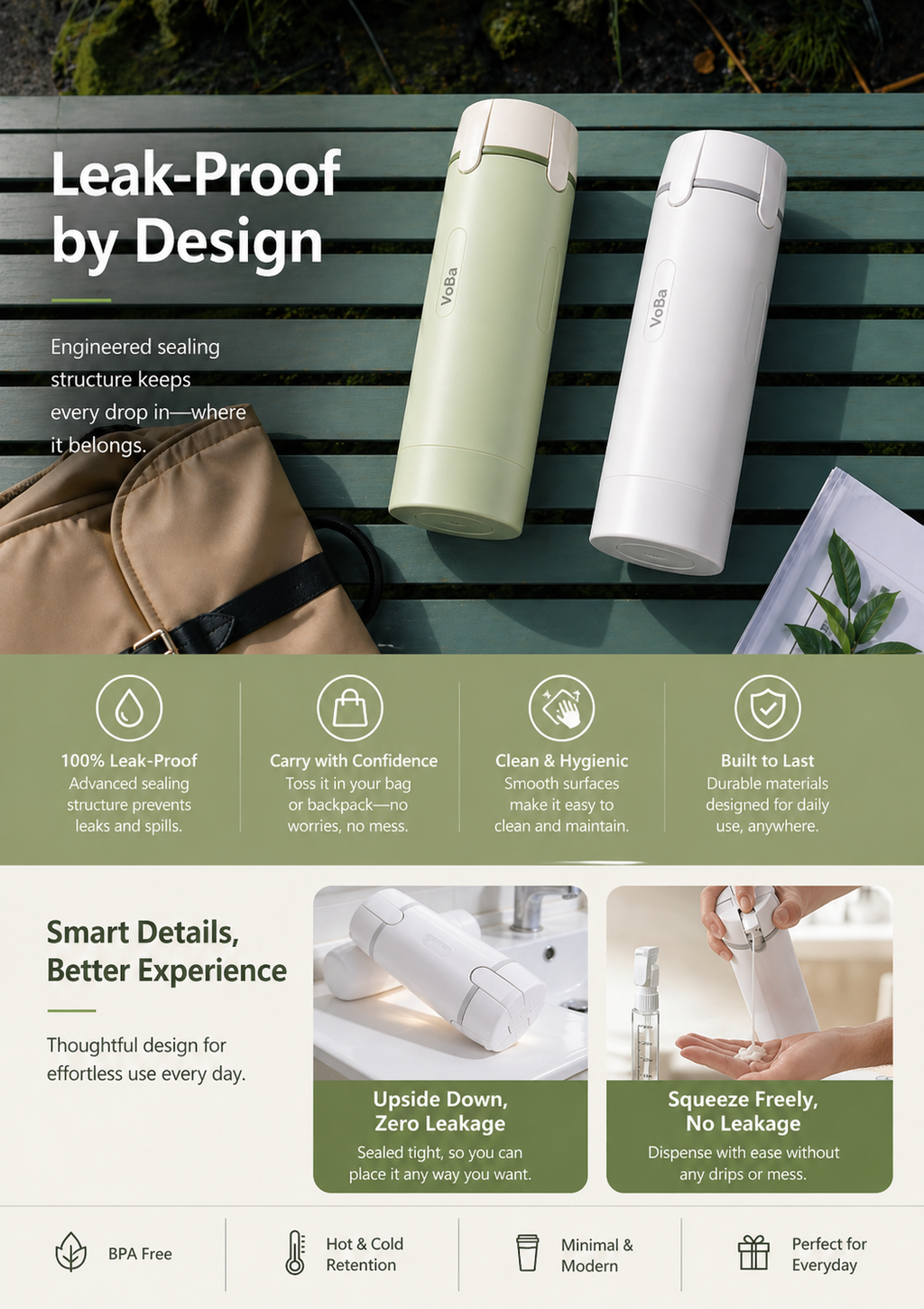 VoBa 4-in-1 Travel Bottle — Leak-Proof Toiletry Dispenser