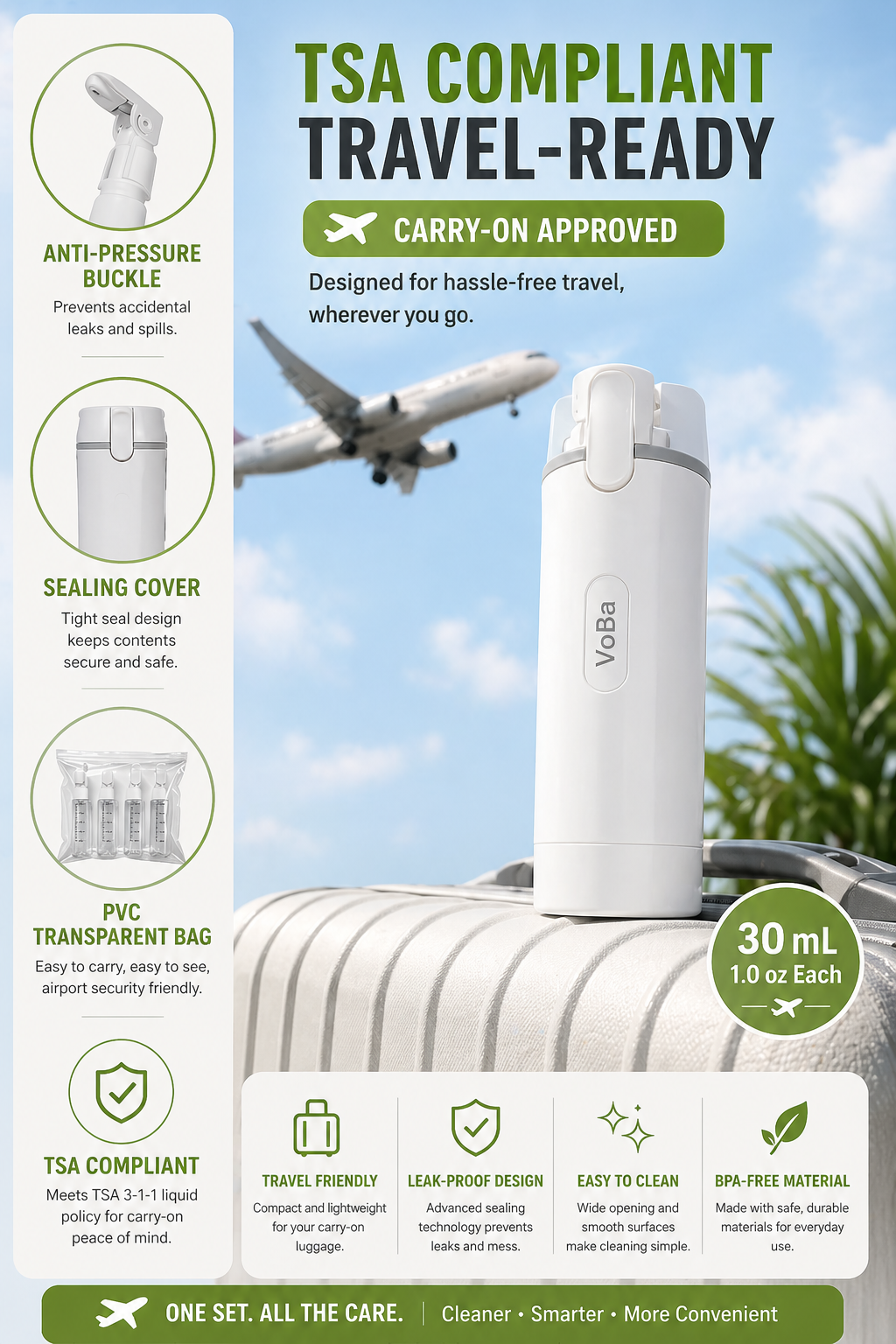 VoBa 4-in-1 Travel Bottle — Leak-Proof Toiletry Dispenser