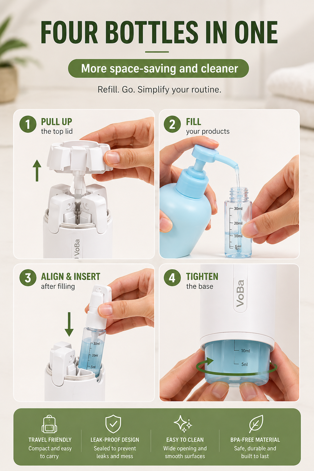 VoBa 4-in-1 Travel Bottle — Leak-Proof Toiletry Dispenser